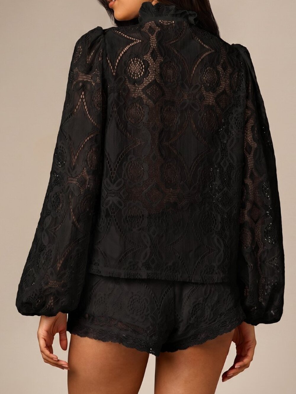 Black Elegant Women's Sheer Floral Lace Patchwork Puff Sleeve Blouse - Picture 2 of 5